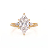 Marquise-cut lab-grown diamond engagement ring with round diamond side clusters and a slim yellow-gold band