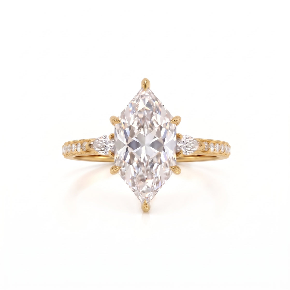 Marquise-cut lab-grown diamond engagement ring with round diamond side clusters and a slim yellow-gold band