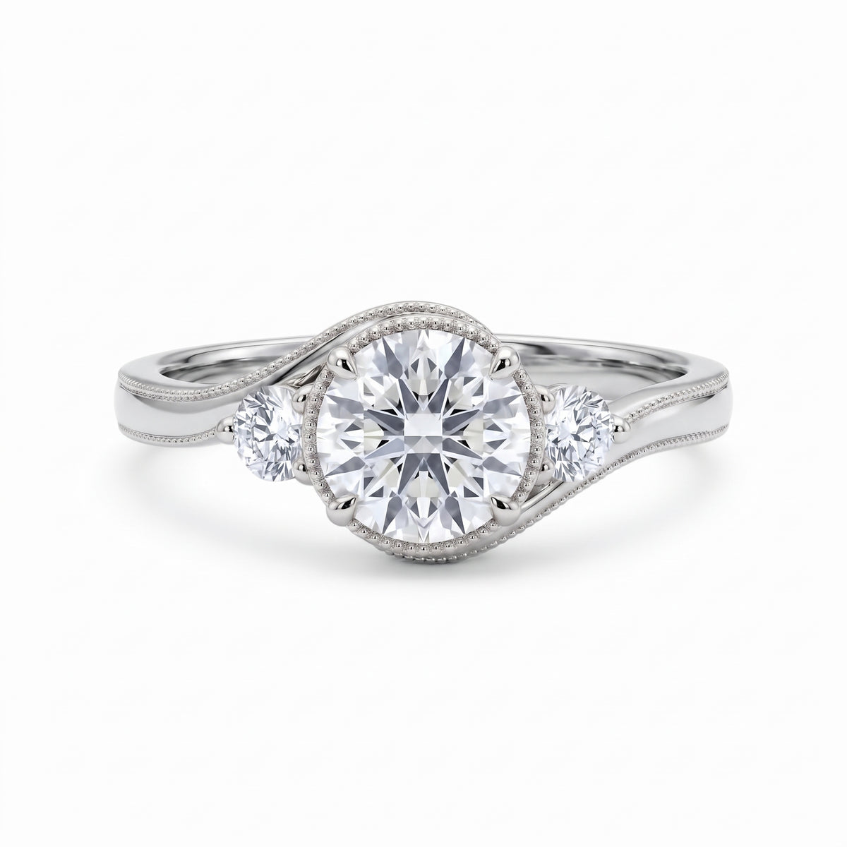 Round-cut lab-grown diamond three-stone bypass engagement ring with curved band
