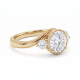 Round-cut lab-grown diamond three-stone bypass engagement ring with curved band