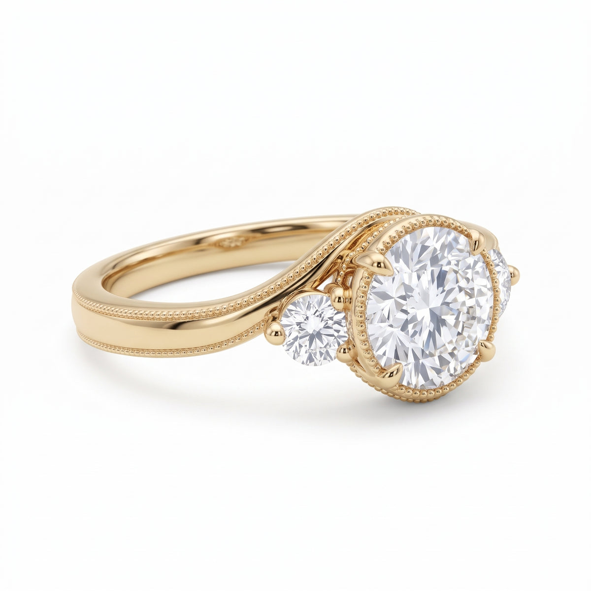 Round-cut lab-grown diamond three-stone bypass engagement ring with curved band