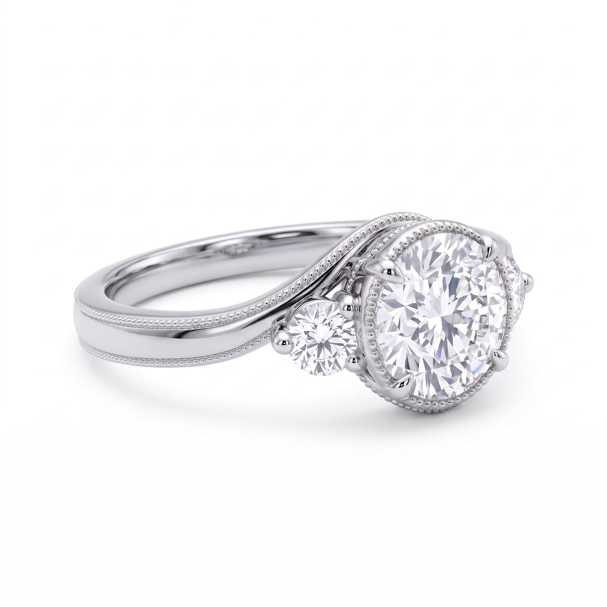 Round-cut lab-grown diamond three-stone bypass engagement ring with curved band