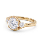 Round-cut lab-grown diamond three-stone bypass engagement ring with curved band