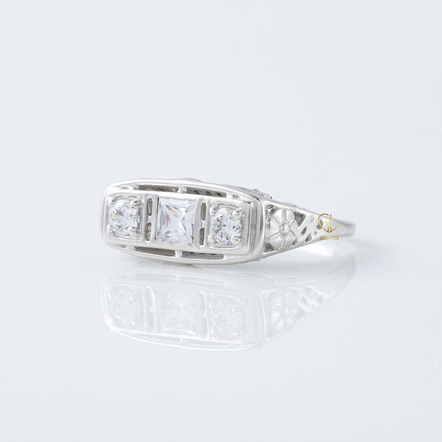 Three Stone Circa 1930's Vintage Princess Cut Lab Grown Edwardian Ring
