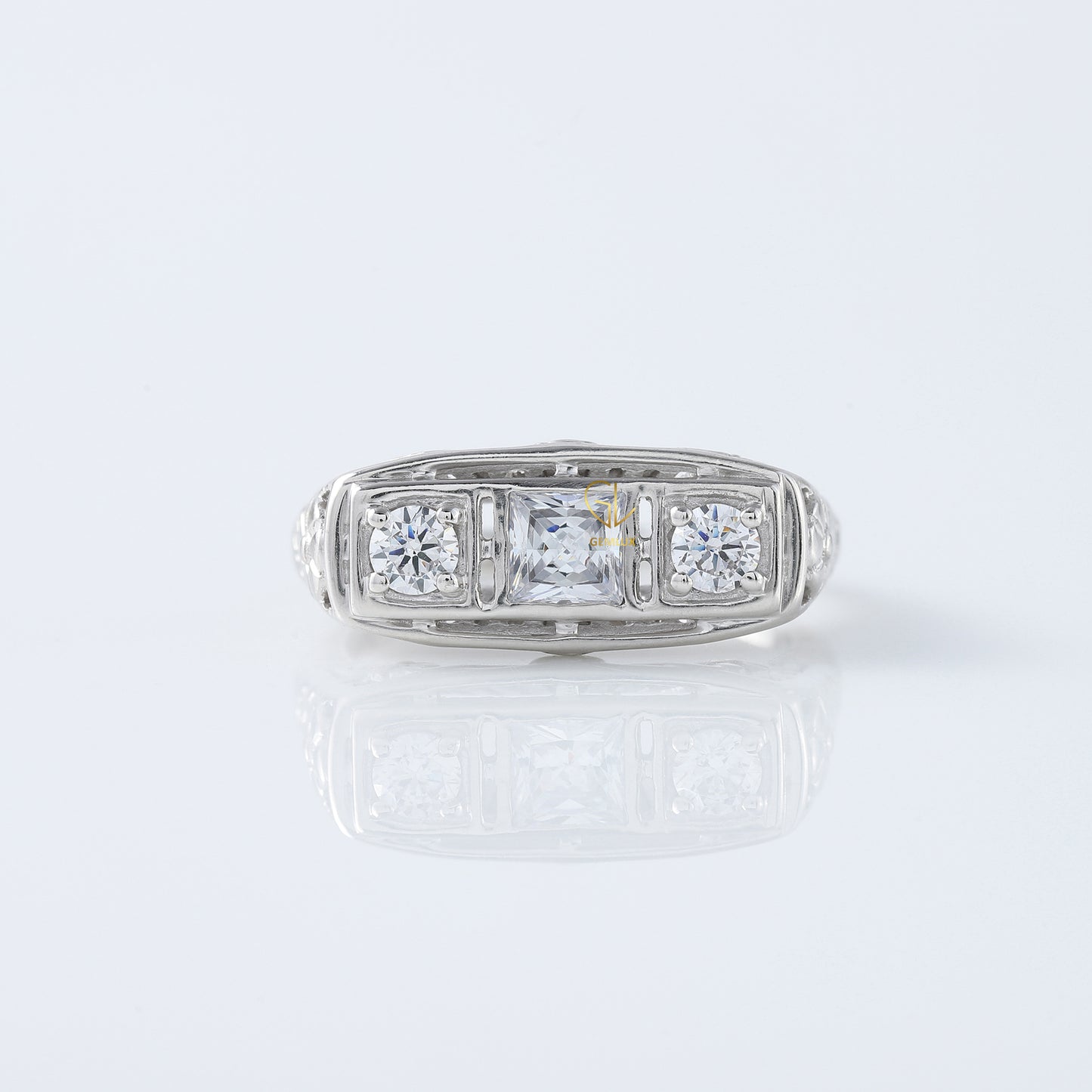 Three Stone Circa 1930's Vintage Princess Cut Lab Grown Edwardian Ring