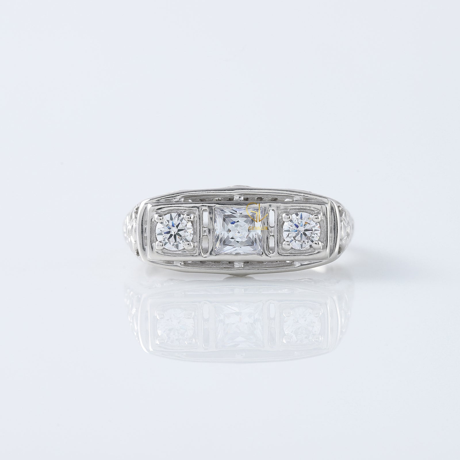 Three Stone Circa 1930's Vintage Princess Cut Lab Grown Edwardian Ring