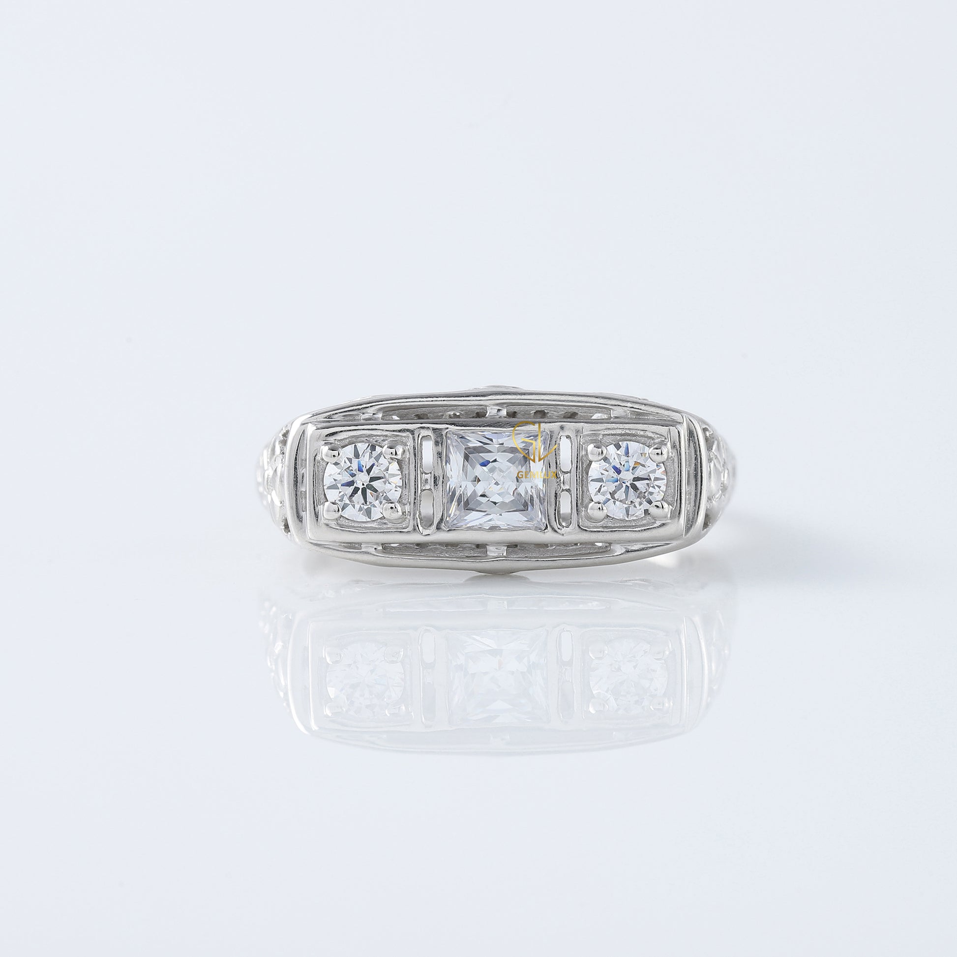 Three Stone Circa 1930's Vintage Princess Cut Lab Grown Edwardian Ring