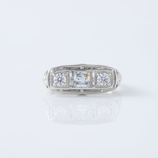 Three Stone Circa 1930's Vintage Princess Cut Lab Grown Edwardian Ring