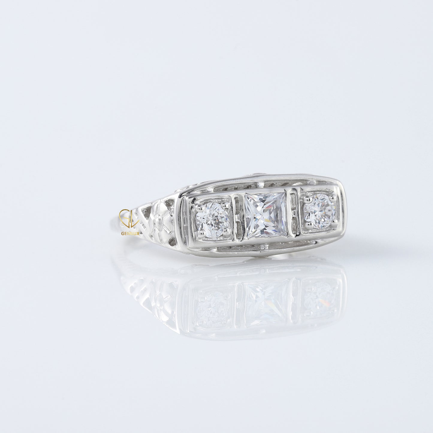 Three Stone Circa 1930's Vintage Princess Cut Lab Grown Edwardian Ring
