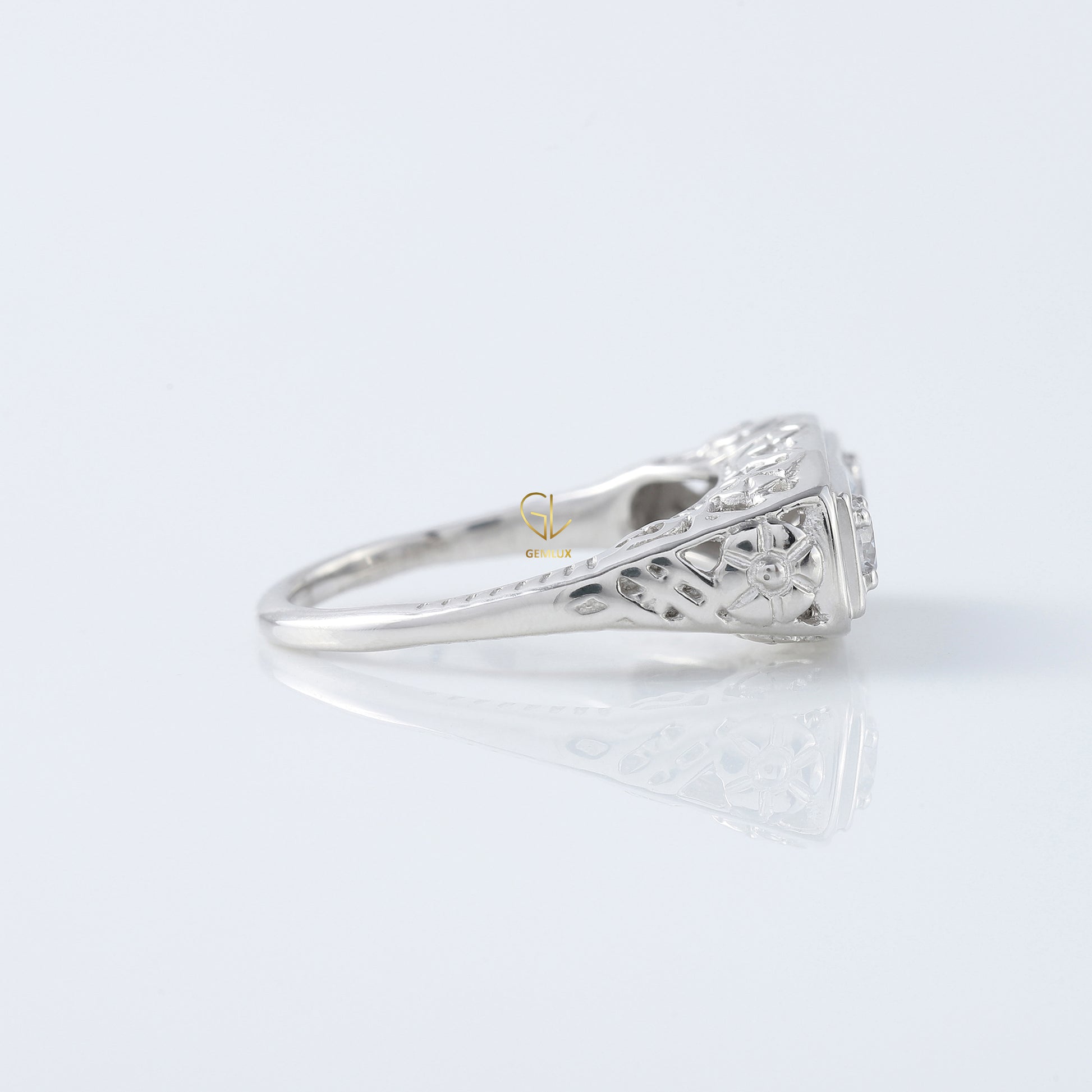 Three Stone Circa 1930's Vintage Princess Cut Lab Grown Edwardian Ring