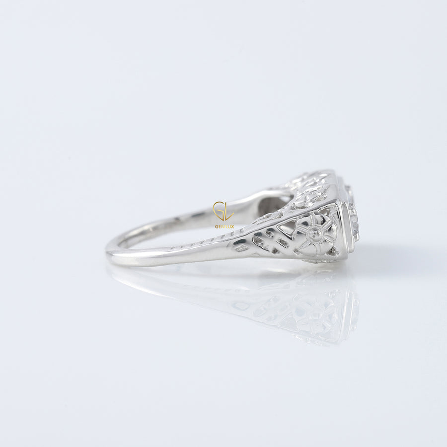 Three Stone Circa 1930's Vintage Princess Cut Lab Grown Edwardian Ring