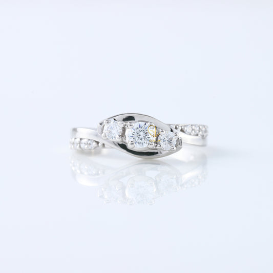 Three Stone Lab Grown Diamond Swirl Bypass Ring, round cut diamond three stone ring