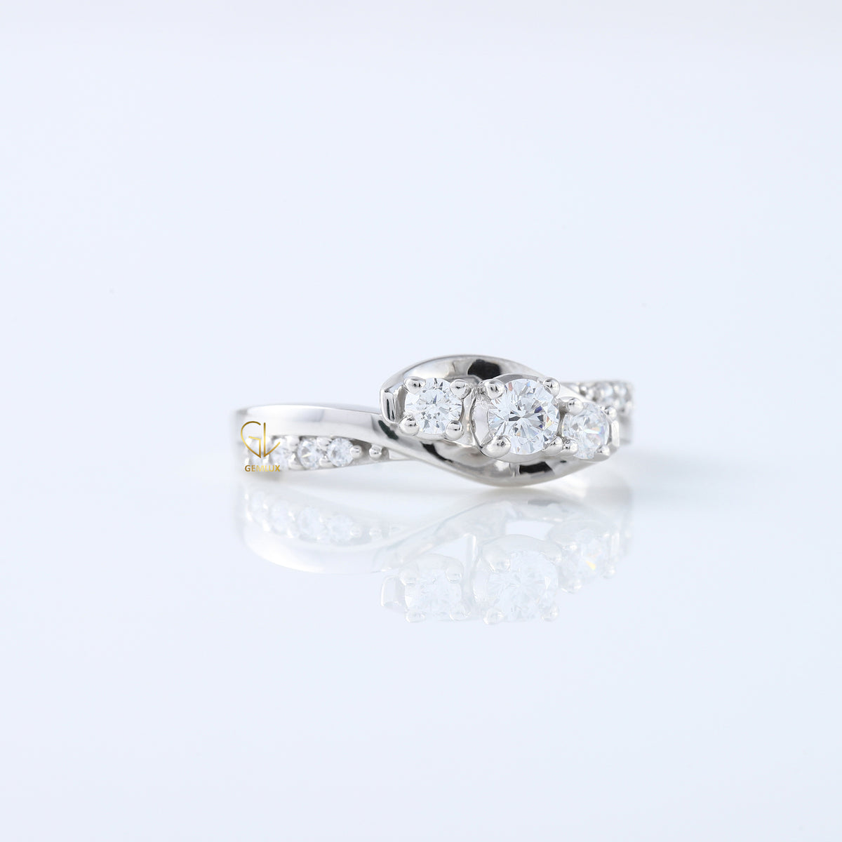 Three Stone Lab Grown Diamond Swirl Bypass Ring, round cut diamond three stone ring