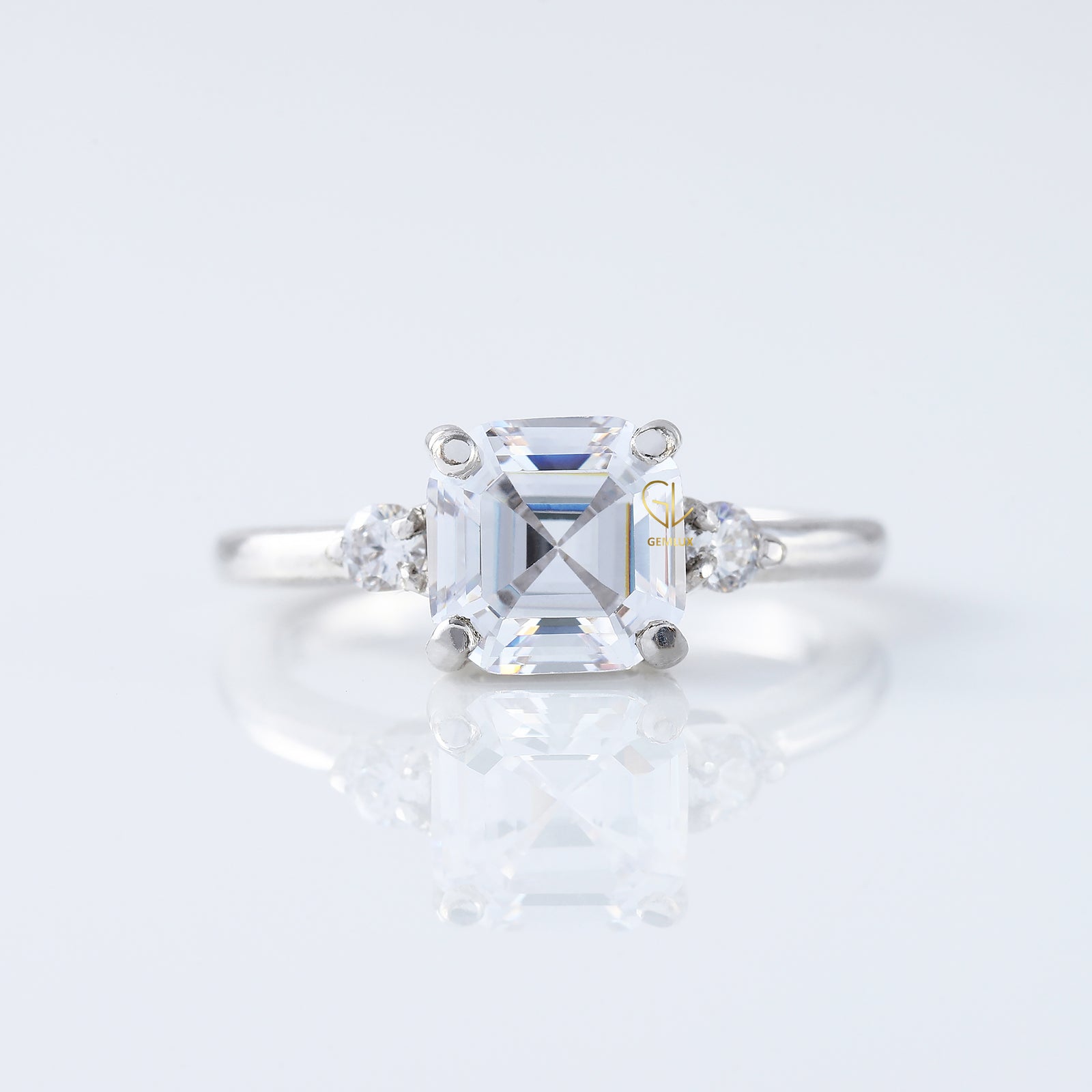 Three Stone 1.5 Ct Asscher Cut Moissanite Trilogy Engagement Ring