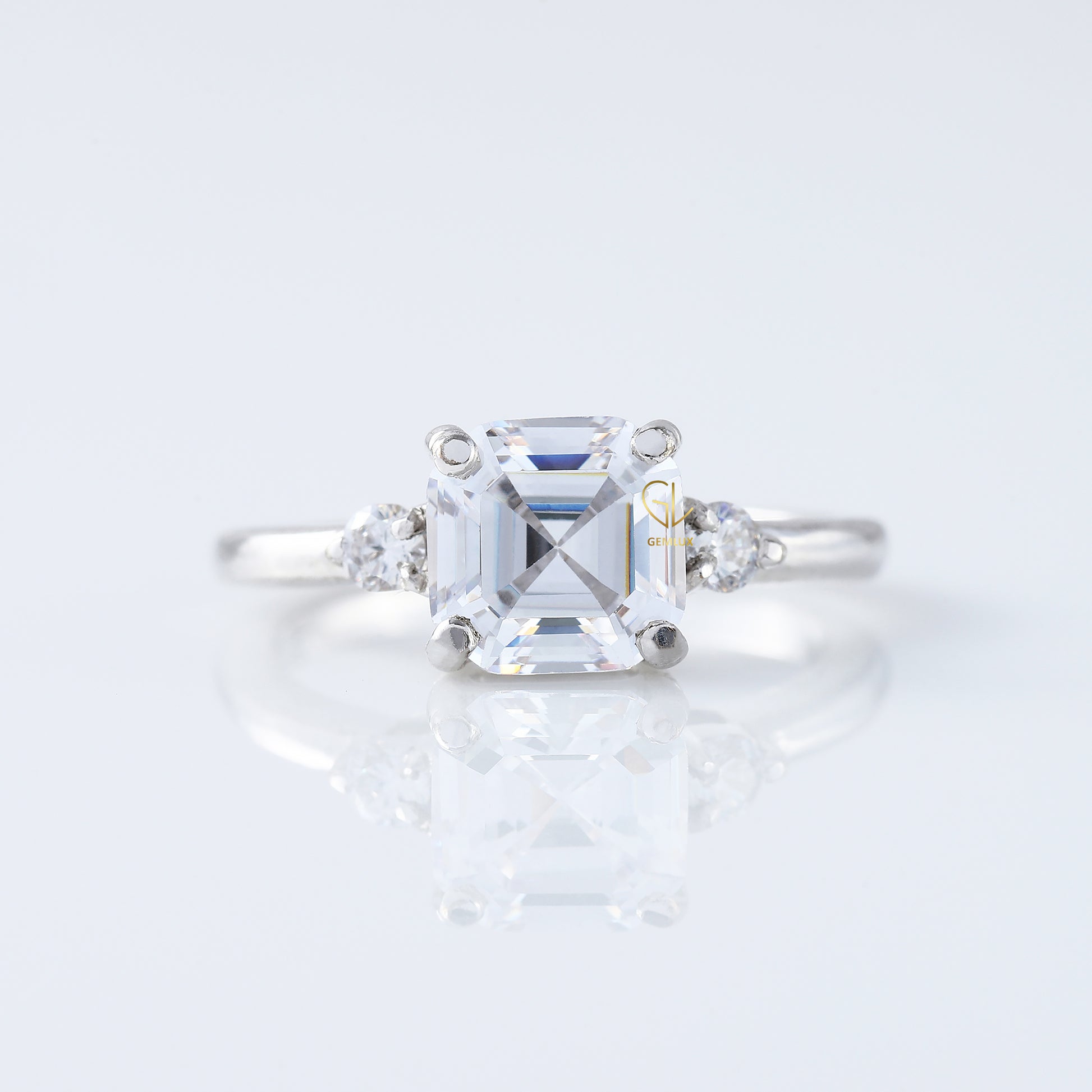 Three Stone 1.5 Ct Asscher Cut Moissanite Trilogy Engagement Ring