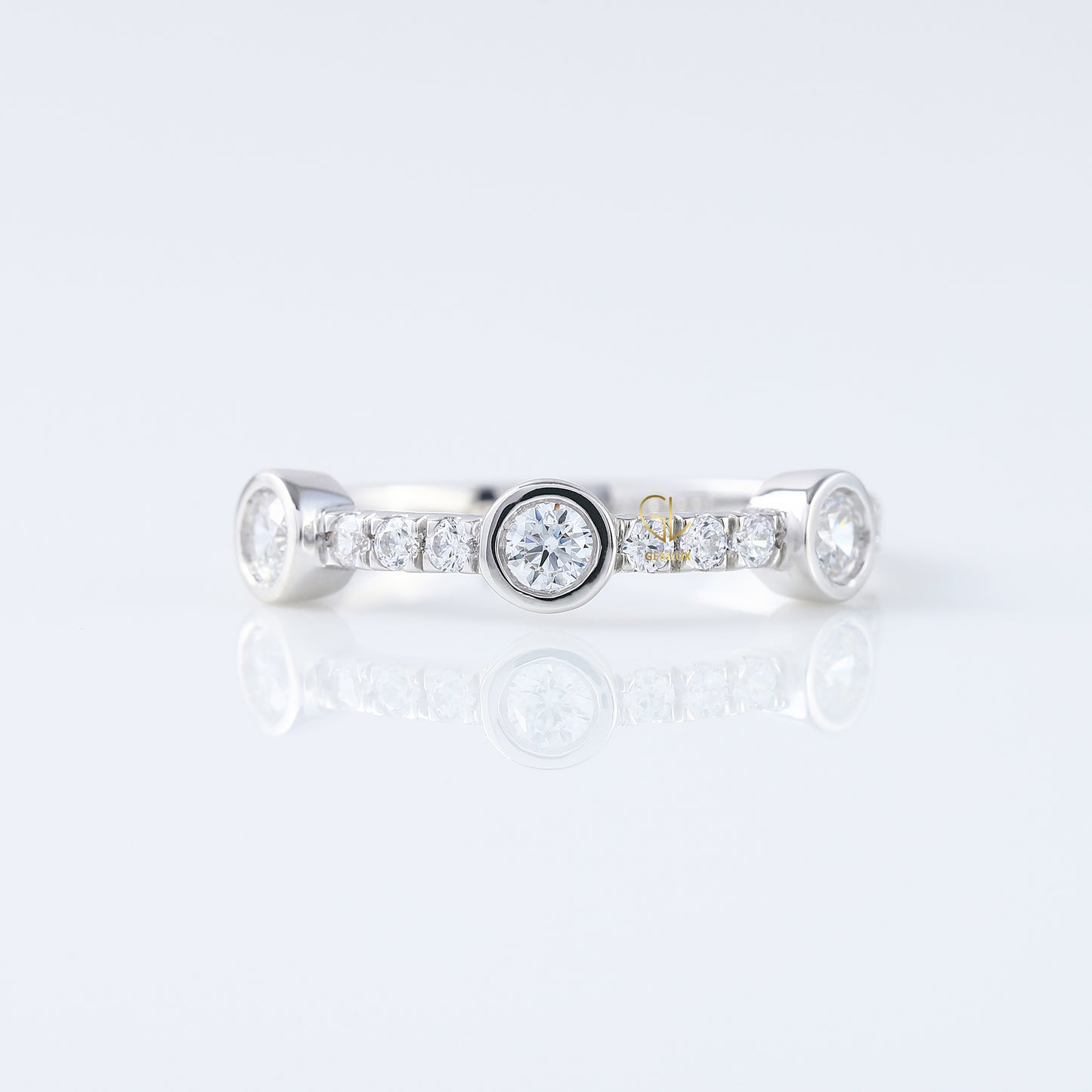Three Stone Bubble Style Round Lab Grown Bezel Set Eternity Band, stacking band