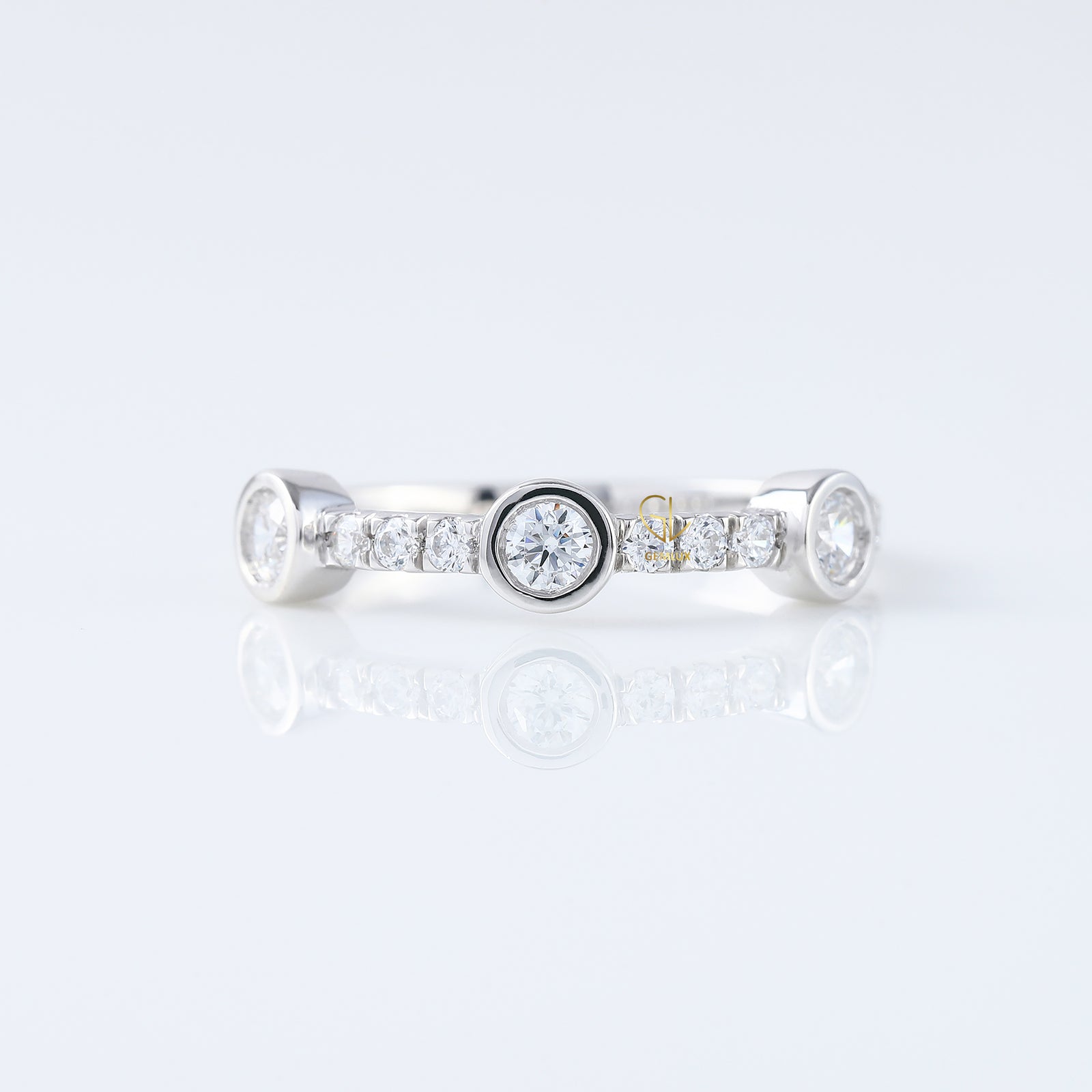Three Stone Bubble Style Round Lab Grown Bezel Set Eternity Band, stacking band