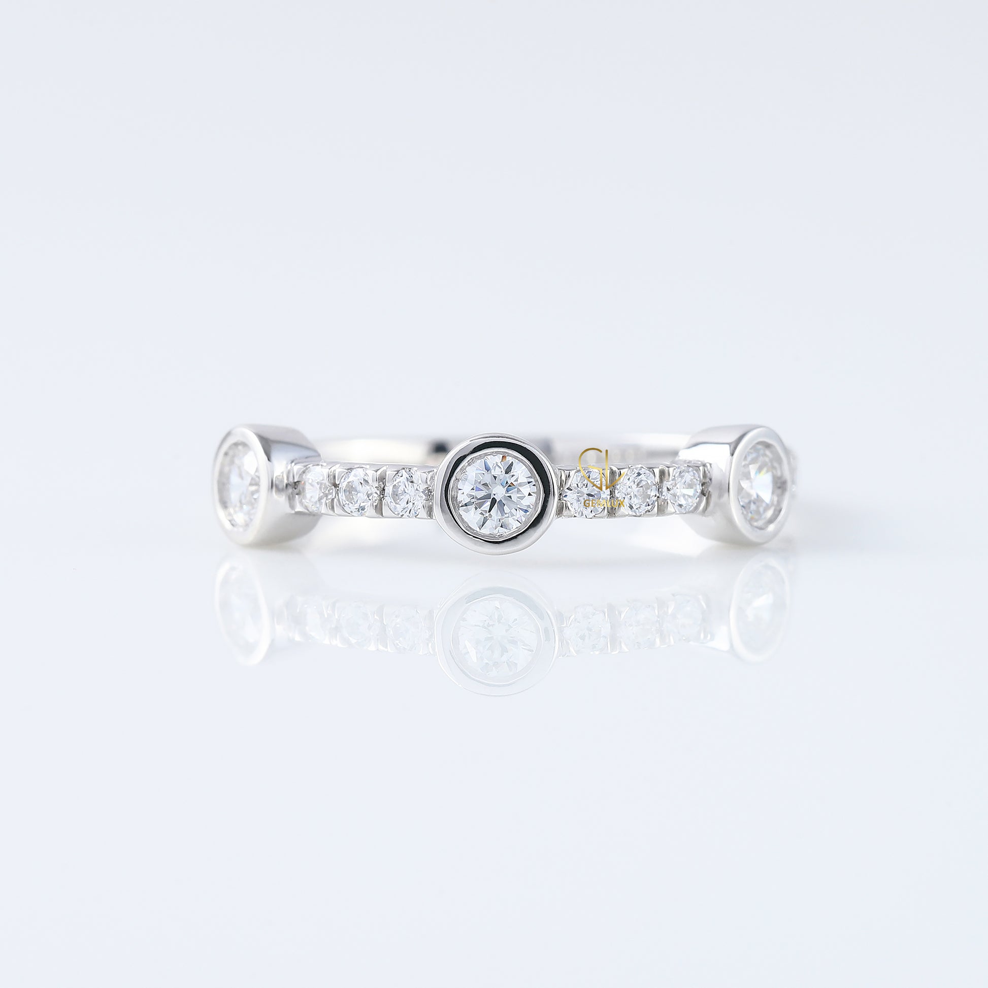 Three Stone Bubble Style Round Lab Grown Bezel Set Eternity Band, stacking band