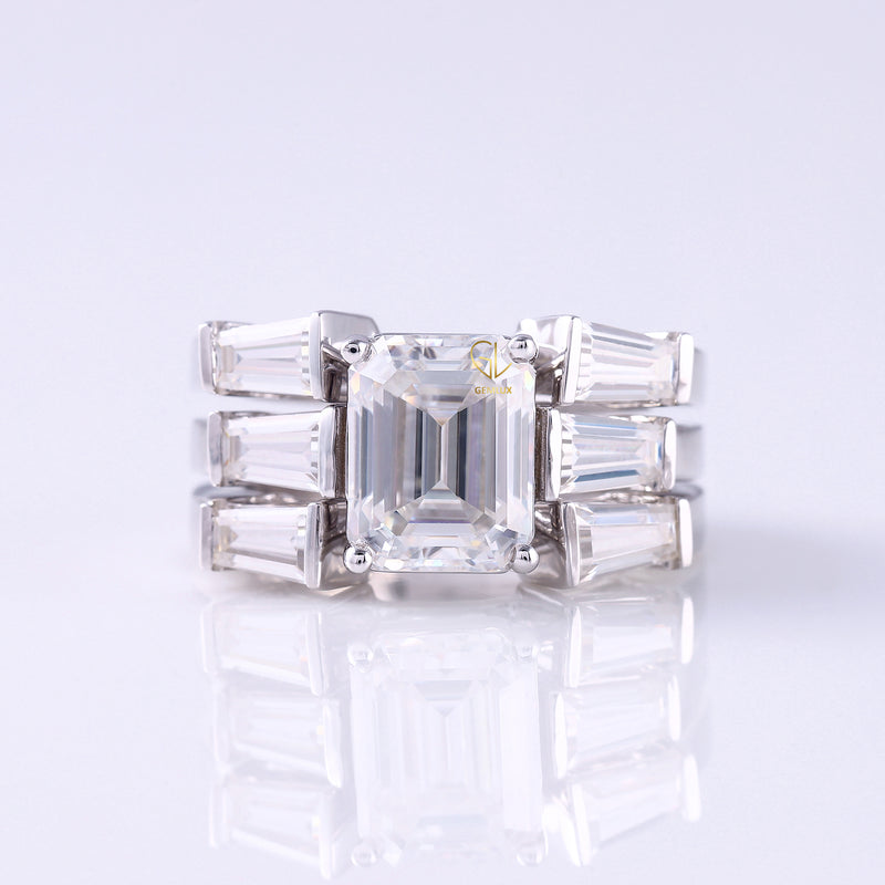 Three Stone Emerald Cut Moissanite Trio Ring Set
