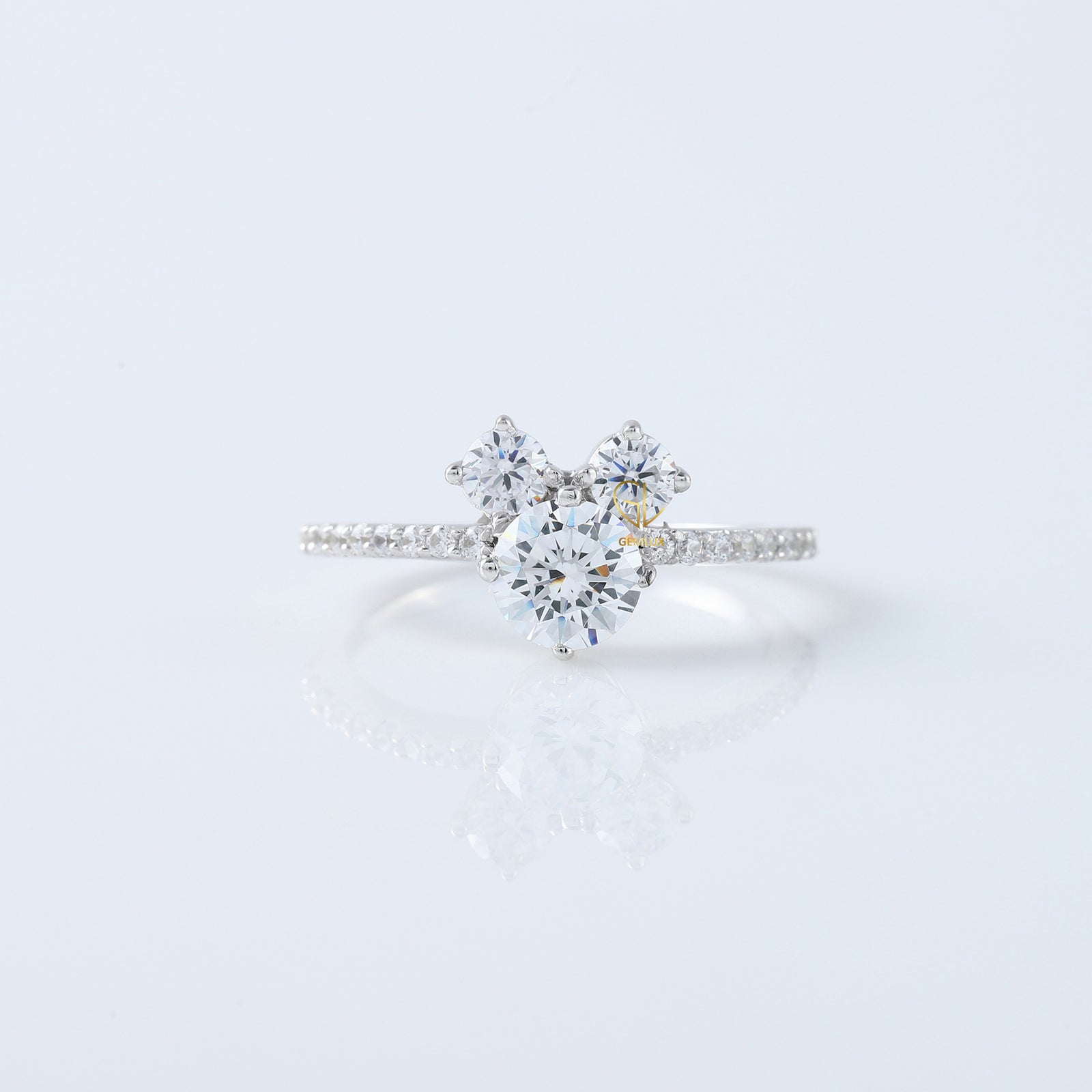 Three-stone Mickey Mouse inspired lab-grown diamond engagement ring, 10k yellow gold, Gemlux Engagement Collection