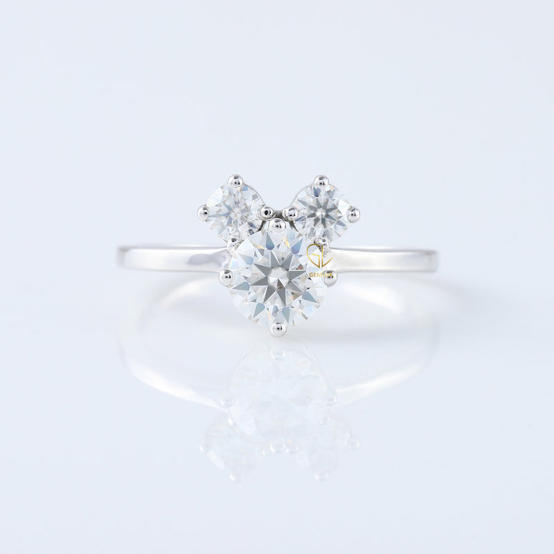 Three Stone Round Cut Lab Grown Mouse Ears Ring