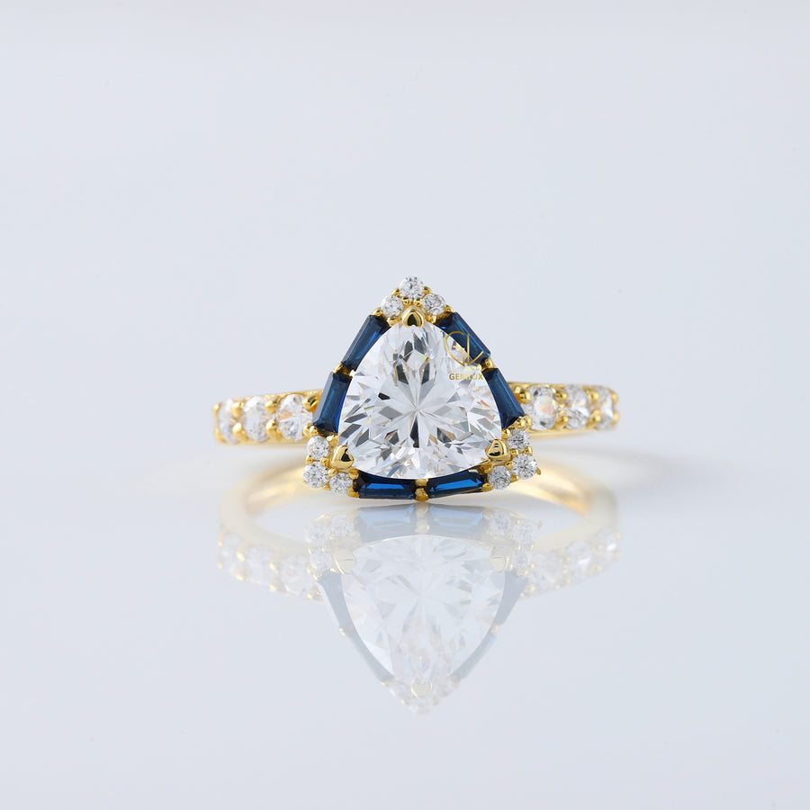 Trillion Cut Moissanite Halo Ring WIth Side Stones