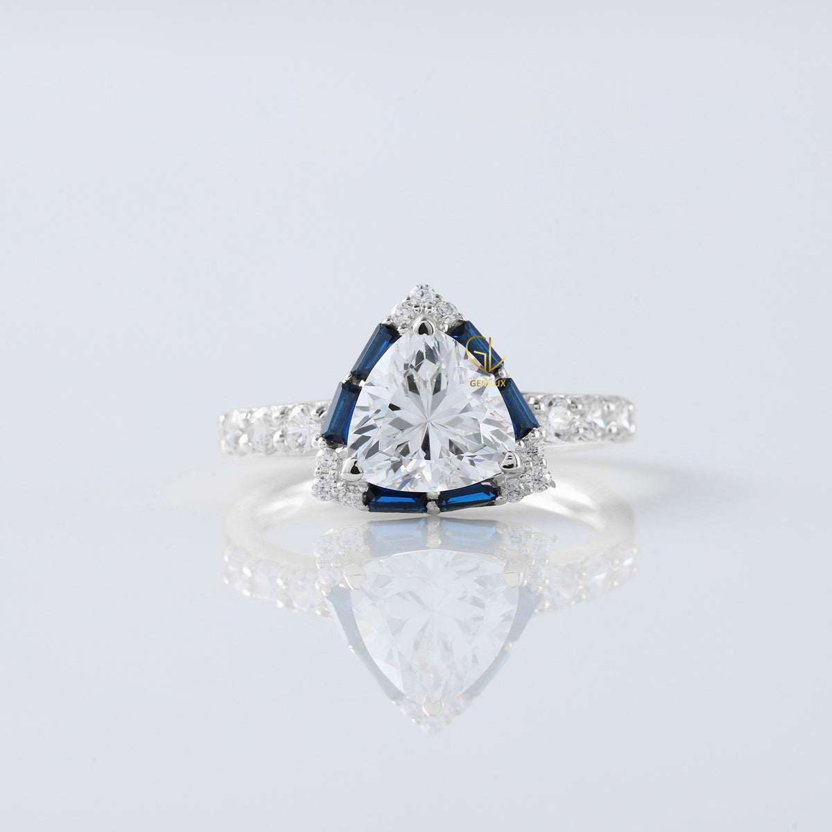 Trillion Cut Moissanite Diamond Halo Engagement Ring