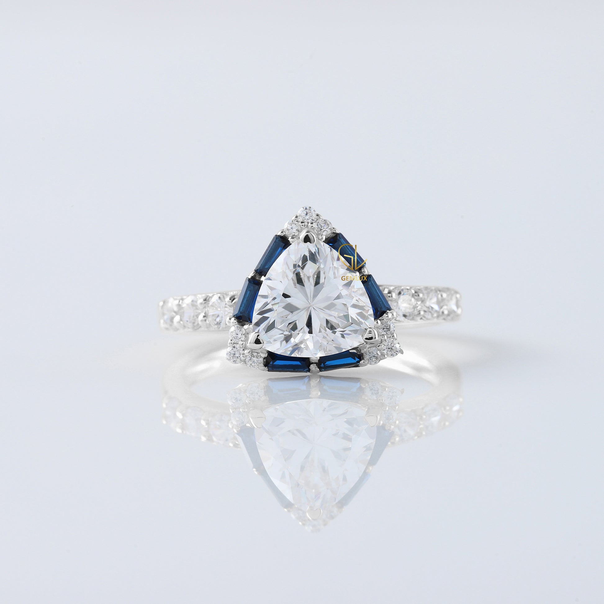 Trillion Cut Moissanite Diamond Halo Engagement Ring