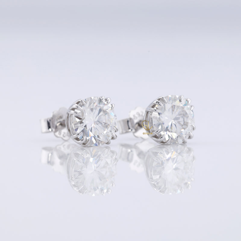 Triple Claw Prong Set Round Moissanite Stud Earrings
