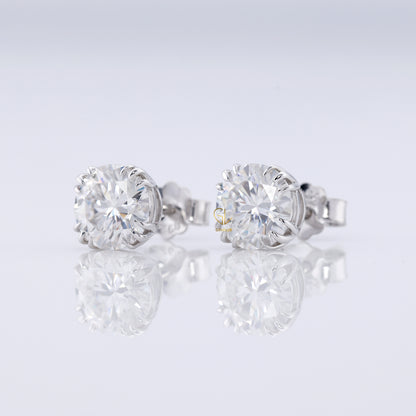 Triple Claw Prong Set Round Moissanite Stud Earrings