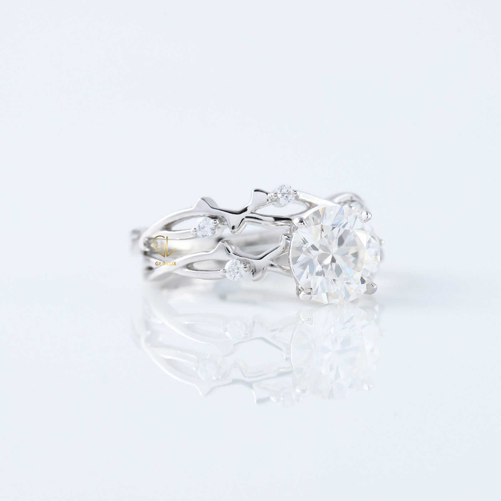 Twig Ring Set, Round Cut Lab Grown Twig Ring With Matching Twig Band
