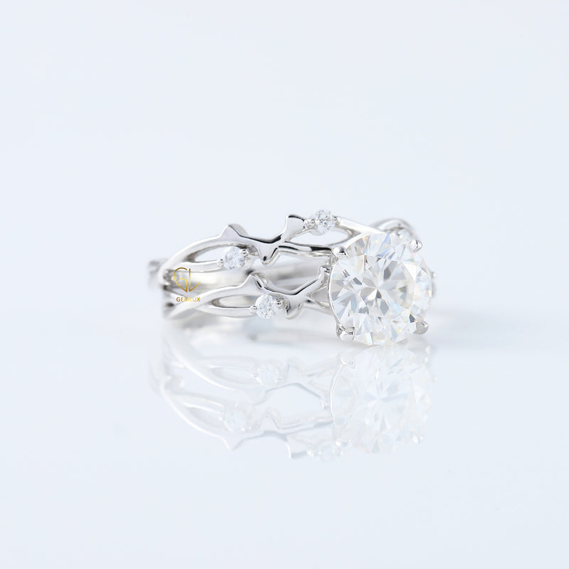 Twig Ring Set, Round Cut Lab Grown Twig Ring With Matching Twig Band
