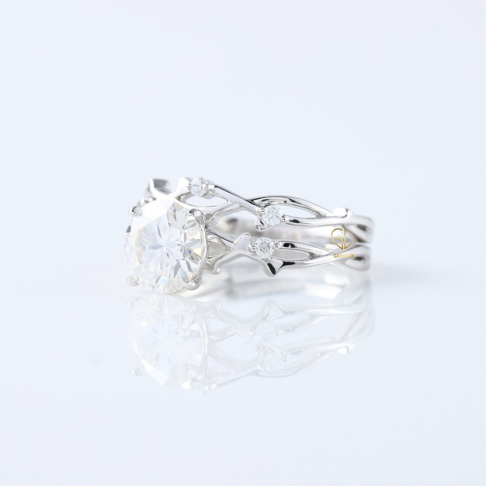 Twig Ring Set, Round Cut Lab Grown Twig Ring With Matching Twig Band