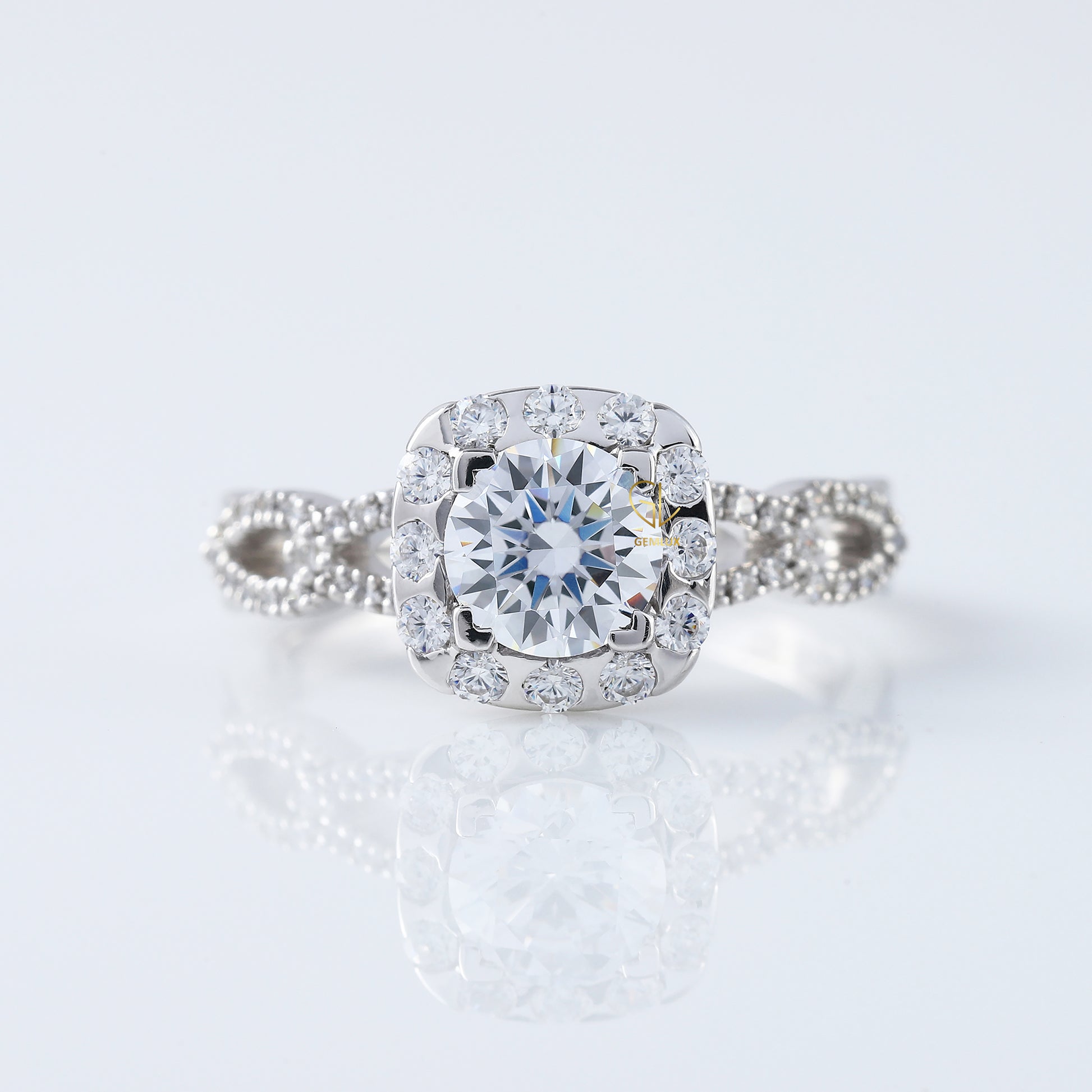 Twisted 1 Ct Round Cut Lab Grown Halo Infinity Shank Engagement Ring