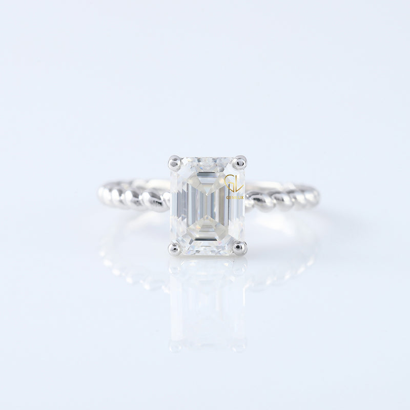 Twisted Emerald Cut Moissanite Solitaire Rope Braided Ring