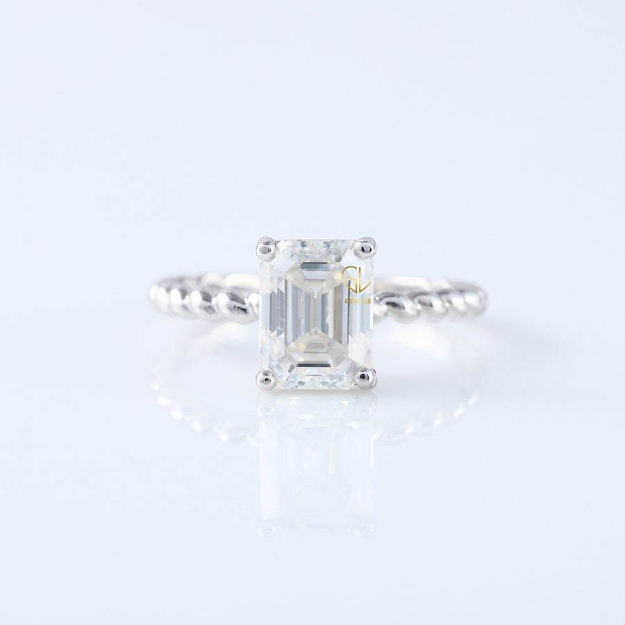 Twisted Emerald Cut Moissanite Solitaire Rope Braided Ring