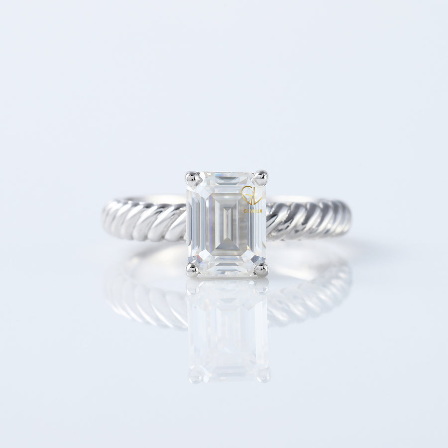 Twisted Wire Rope Emerald Cut Moissanite Solitaire Ring