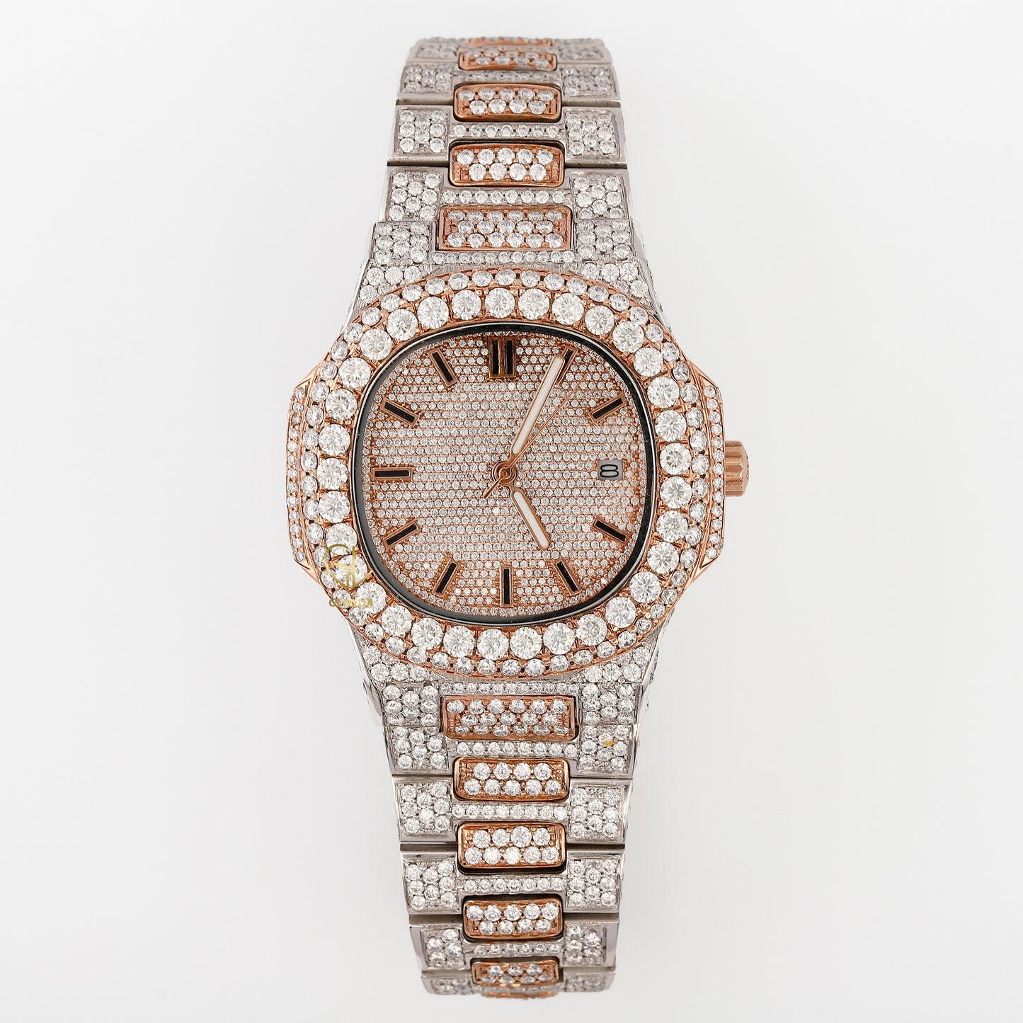 Two Tone Rose Gold Date Just Iced Out Moissanite Hip Hop Watch