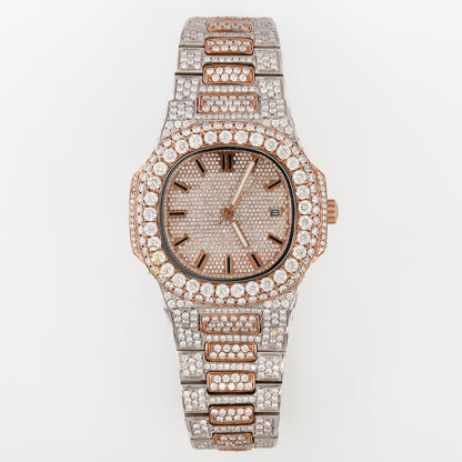 Two Tone Rose Gold Date Just Iced Out Moissanite Hip Hop Watch