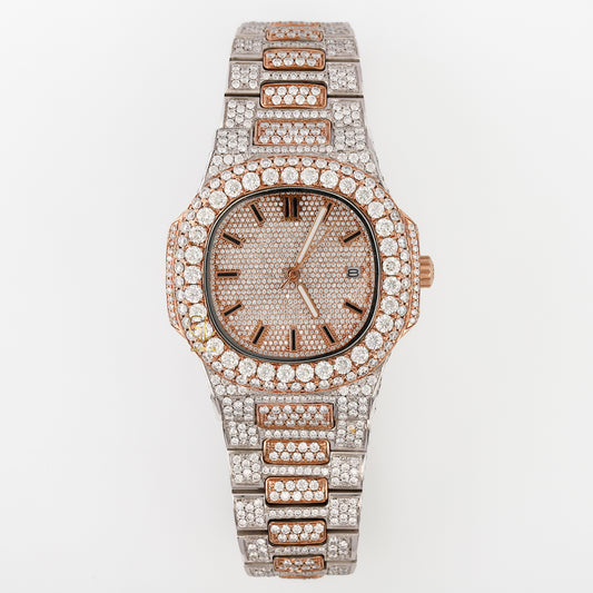 Two Tone Rose Gold Date Just Iced Out Moissanite Hip Hop Watch