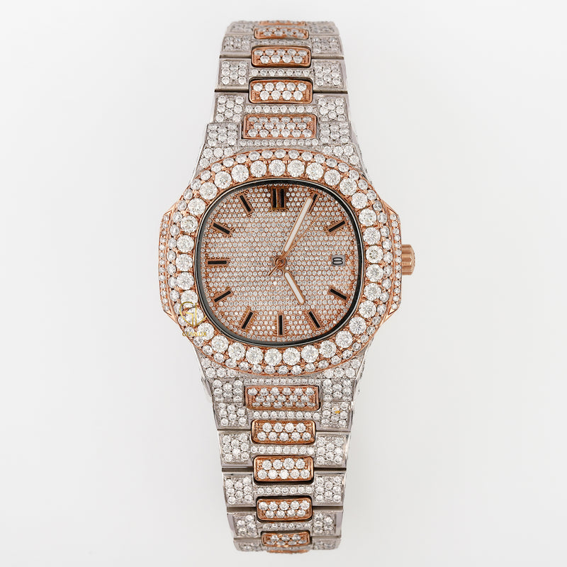 Two Tone Rose Gold Date Just Iced Out Moissanite Hip Hop Watch
