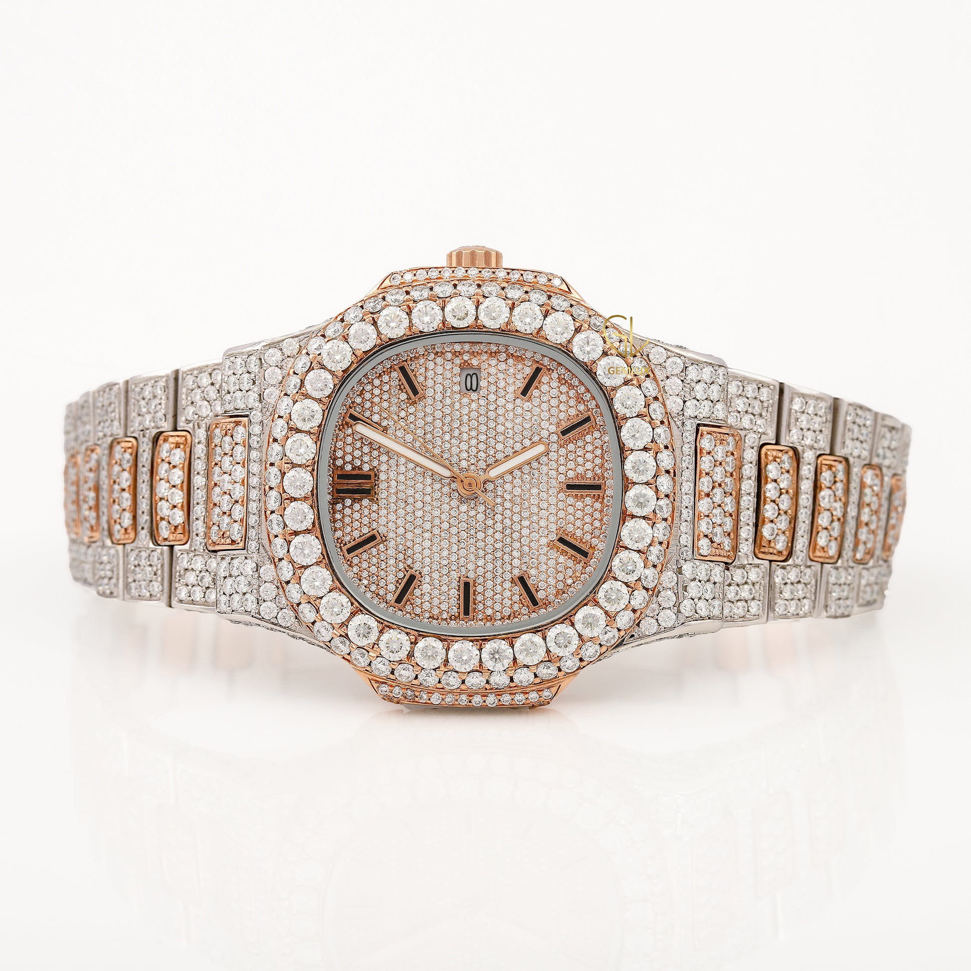 Two Tone Rose Gold Date Just Iced Out Moissanite Hip Hop Watch