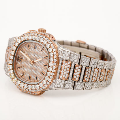 Two Tone Rose Gold Date Just Iced Out Moissanite Hip Hop Watch