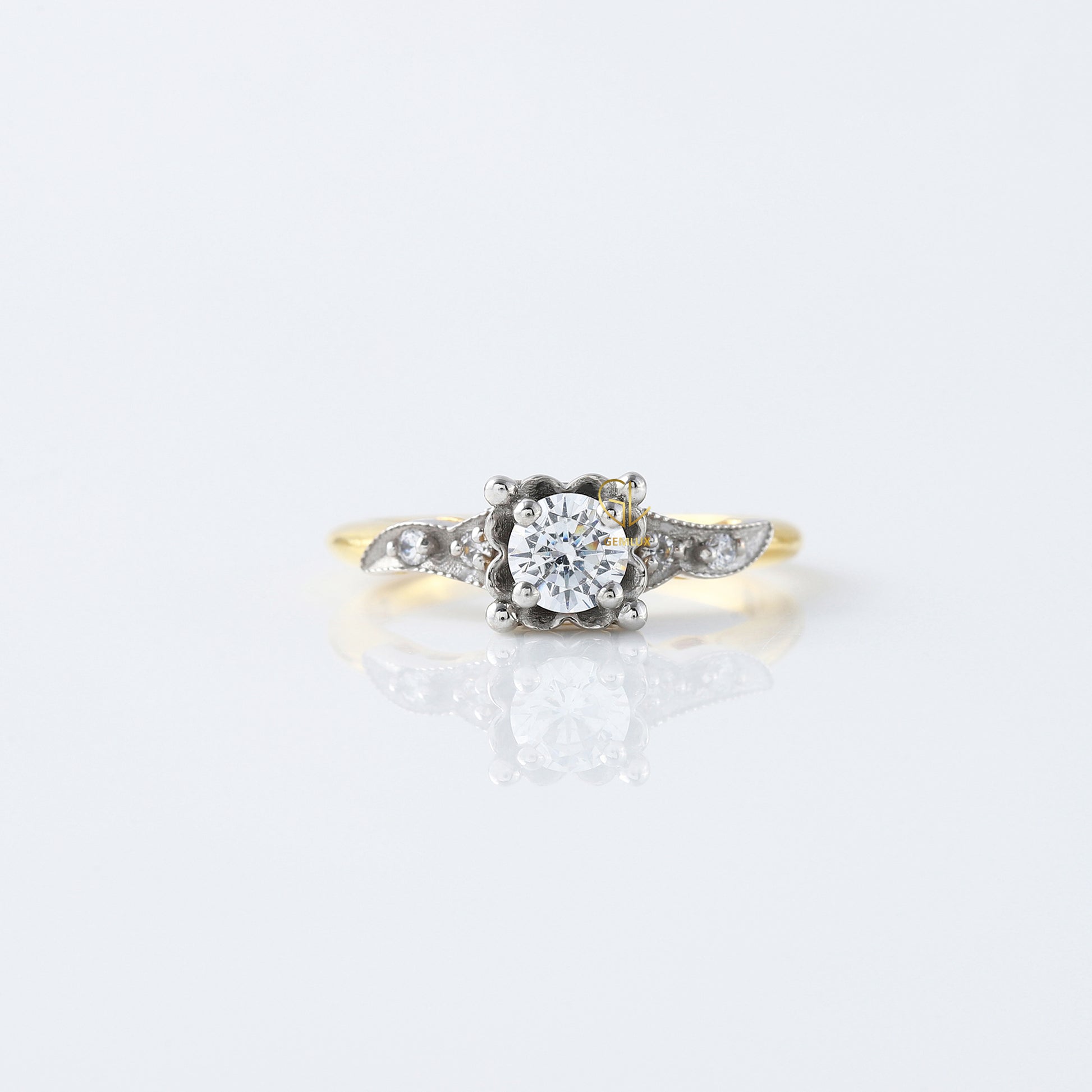 Two Tone Vintage  Round Cut Moissanite Diamond Engagement Ring