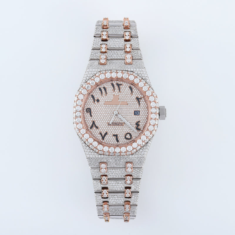 Two Tone Rose Gold Arabic Dial Iced Out VVS Moissanite Diamond Watch