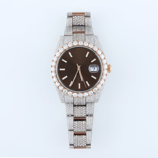 Two Tone Rose Gold Automatic Movement Brown Face Iced Out Lab Grown Watch