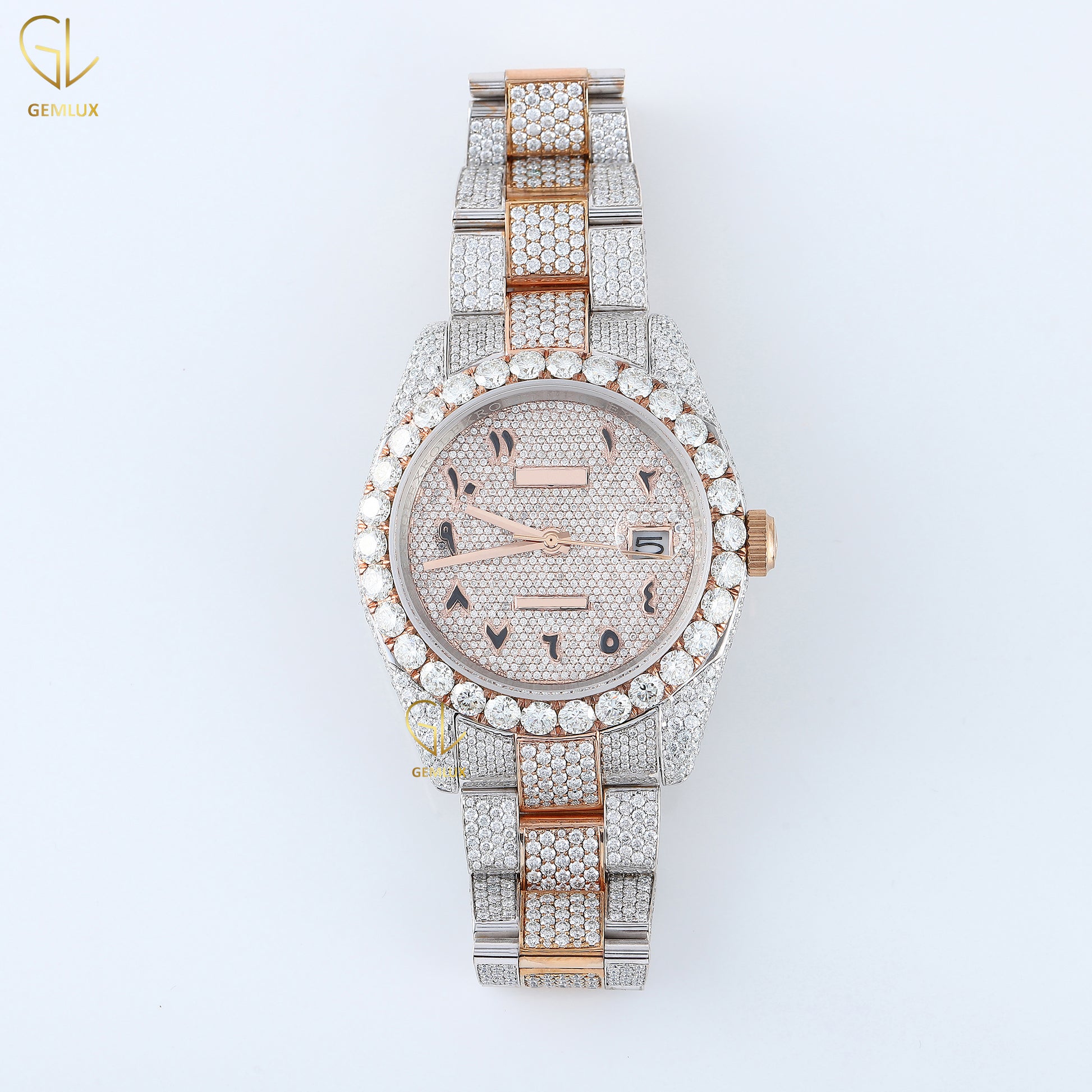 Two Tone Rose Gold Iced Out Arabic Dial Lab Grown Diamond Watch