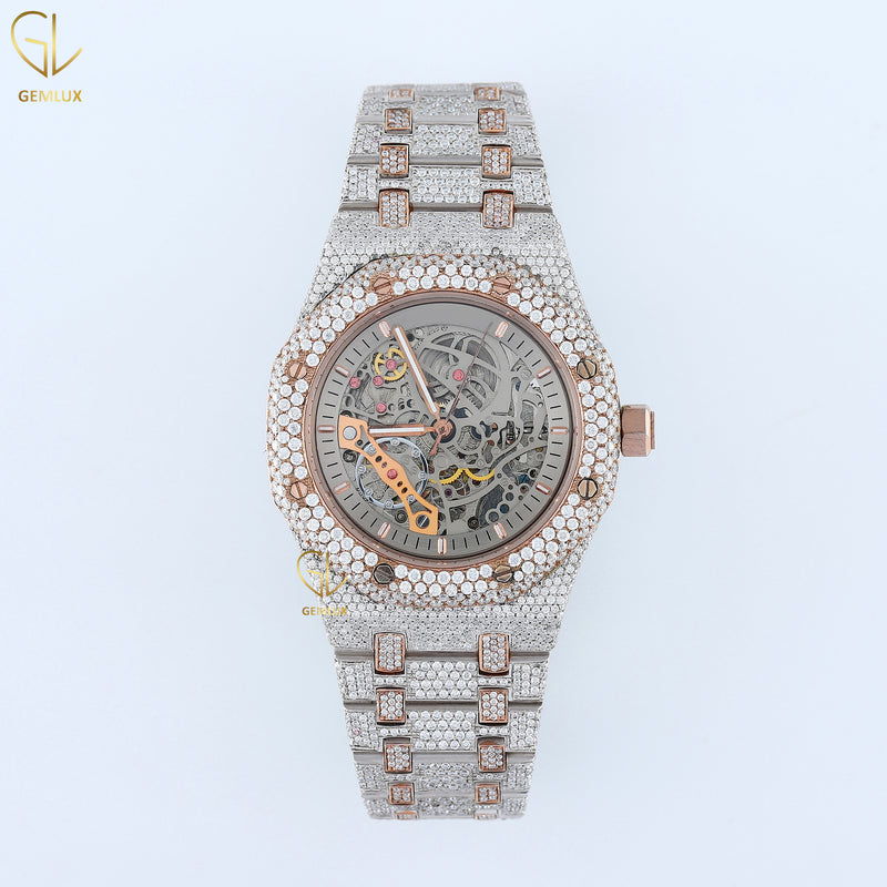 Two Tone Rose Gold Skeleton Dial Iced Out Lab Grown Diamond Watch