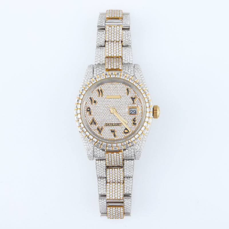 Two Tone Yellow Gold Arabic Dial Iced Out D VVS Moissanite Diamond Watch