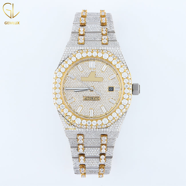 Two Tone Yellow Gold Iced Out D VVS Moissanite Diamond Watch